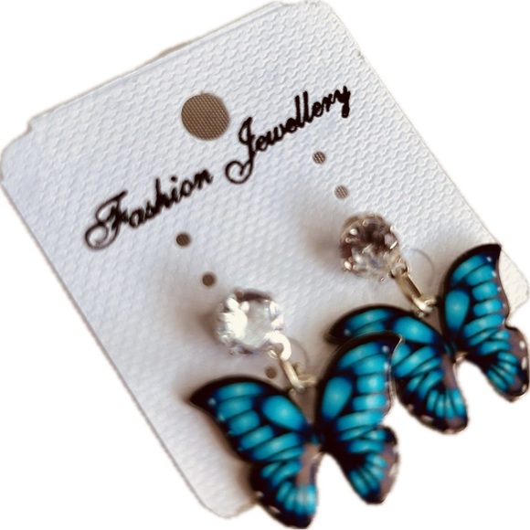 Cute Blue Resin Butterfly Rhinestone Enamel Fashion Dangle Earrings set 1.25" - Picture 2 of 3